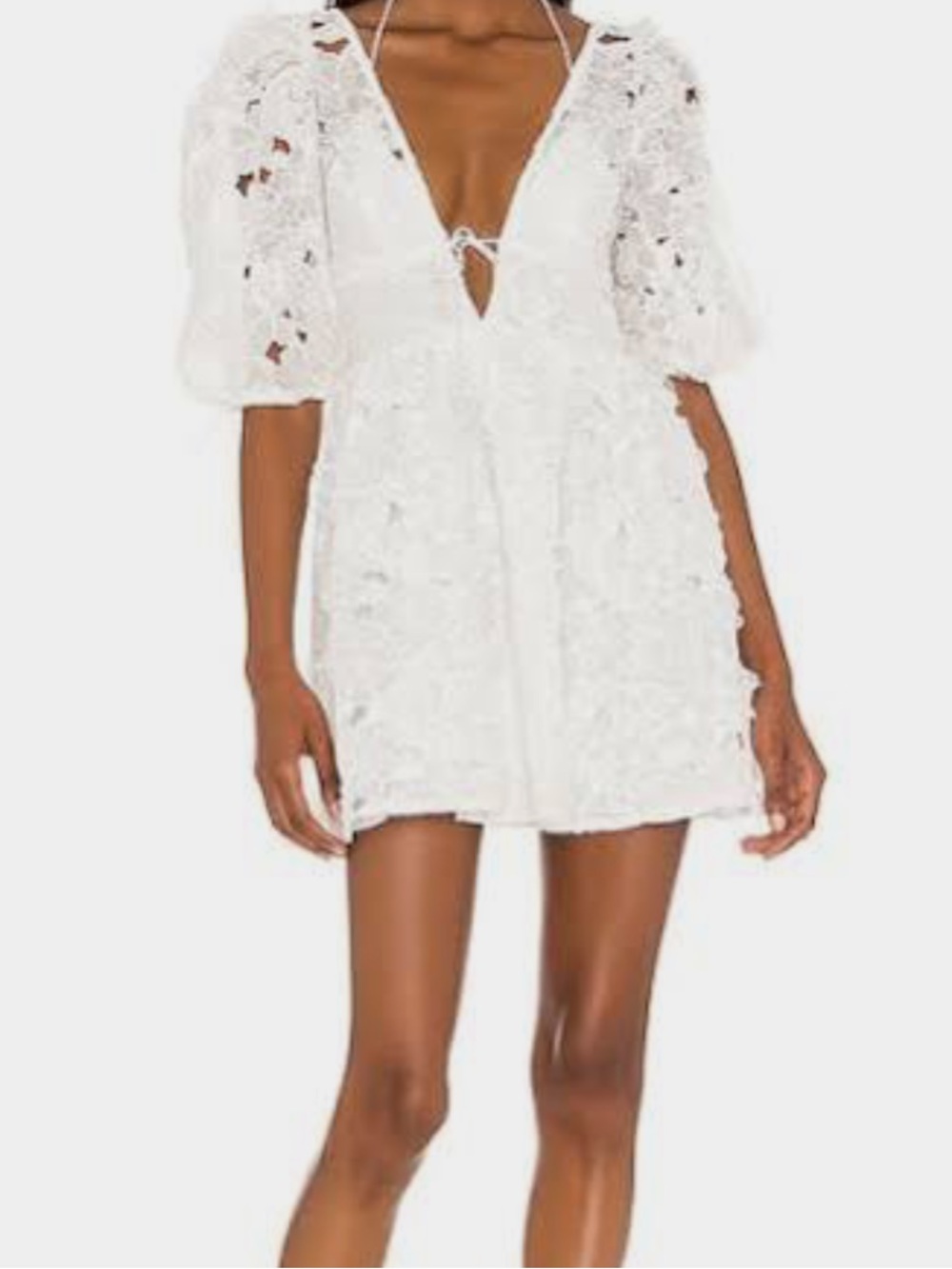 White Lace Mini Dress with Puff Sleeves